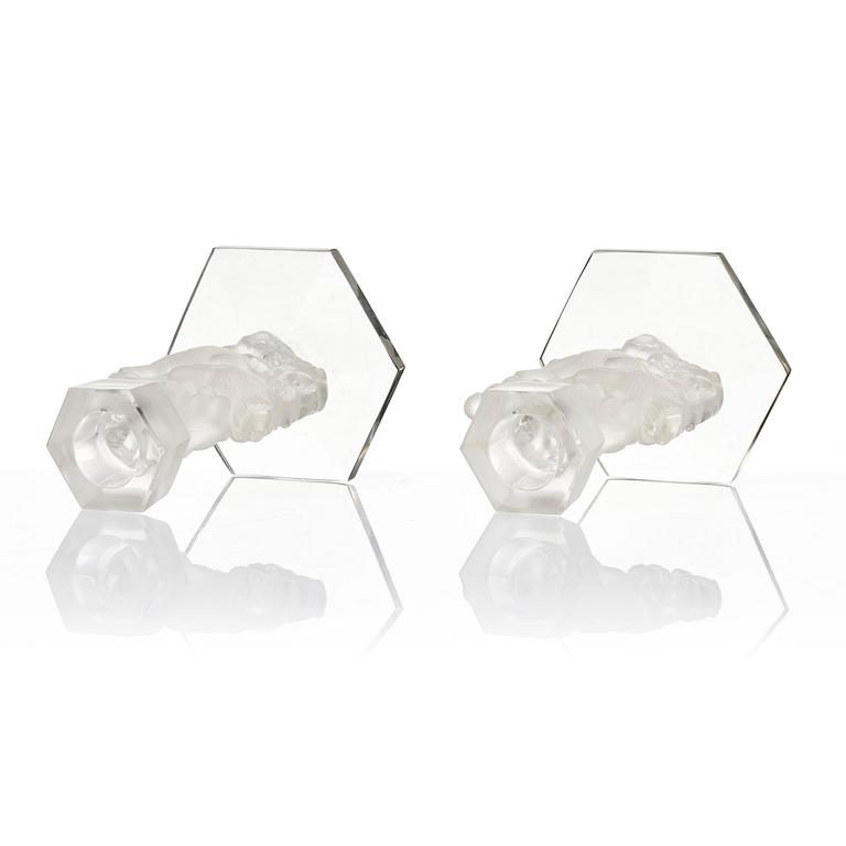 René Lalique, a pair of “Mésanges” cast glass candlesticks, France, post-1943.