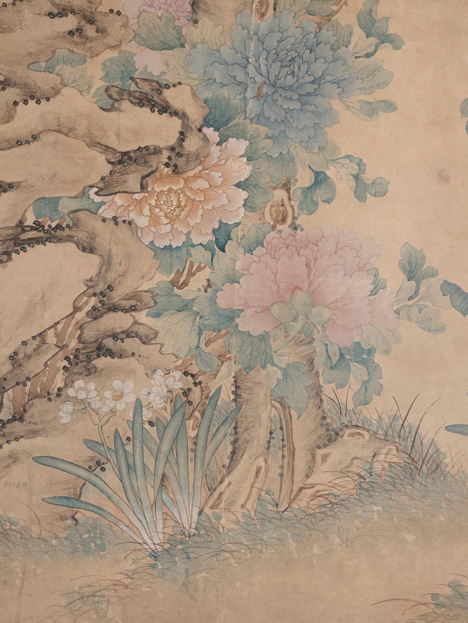 A Chinese scroll painting/wall paper-panel, ink and colour on paper, after Jiang Tingxi (1669-1732), Qing dynasty.