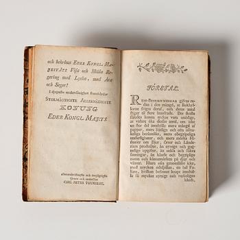 Carl Peter Thunberg, två volymer, del 1-4.  "Resa uti Europa, Africa, Asia förrättad åren 1770-1779".