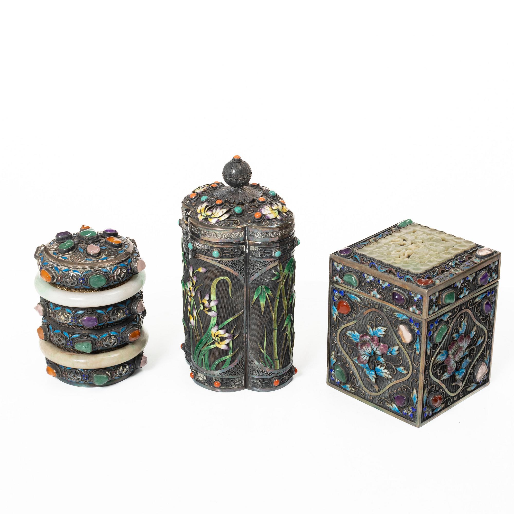 Three enamel and silver boxes, Tibet, first half of the 20th century.
