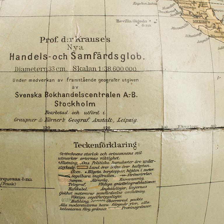 JORDGLOB, Dr. Krauses Handels- och Samfärdsglob, Leipzig, 1900-talets första hälft.