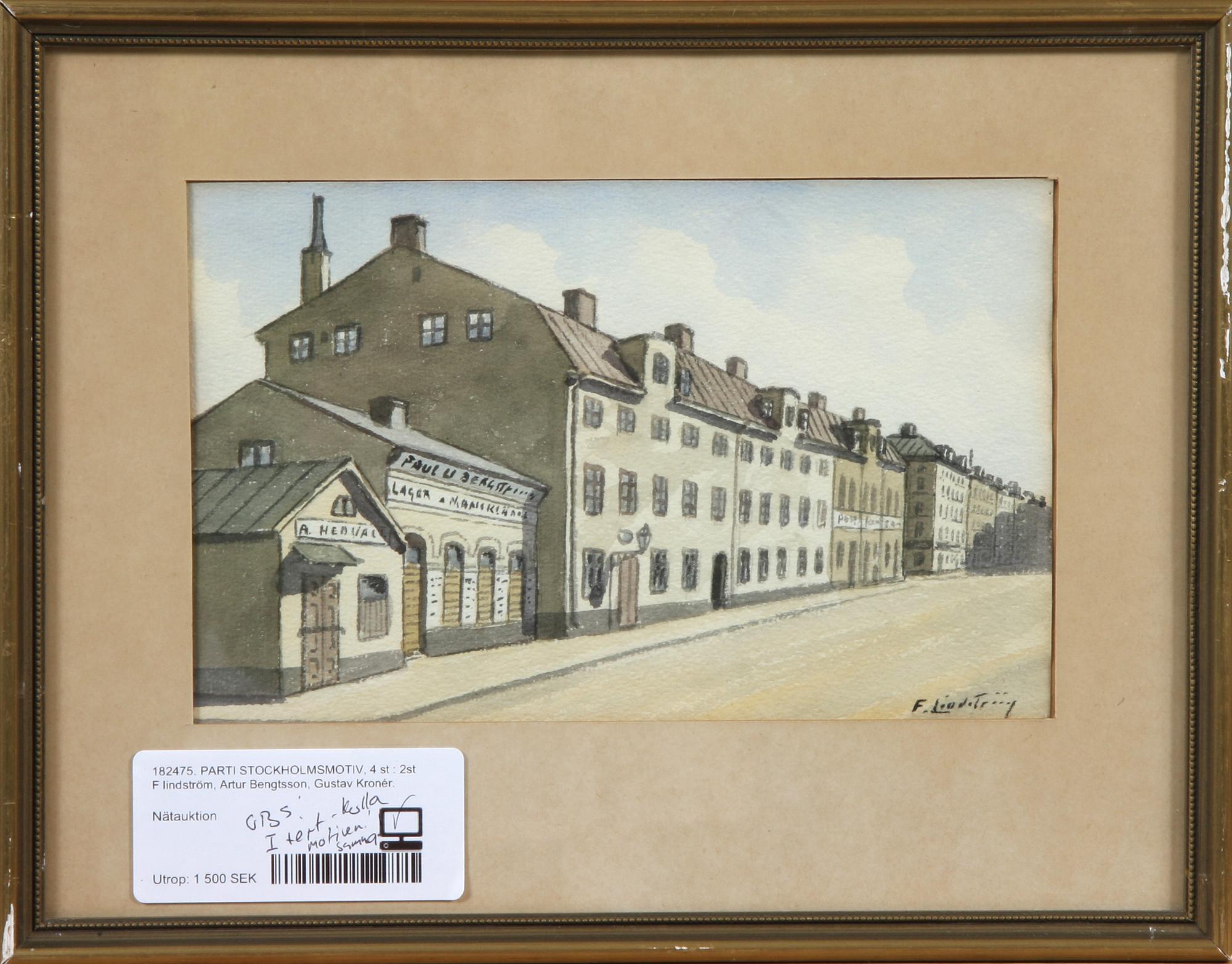 PARTI GRAFIK, 4 delar, F Lindström, 2 st, Artur Bengtsson samt Gustav Kronér, sign.