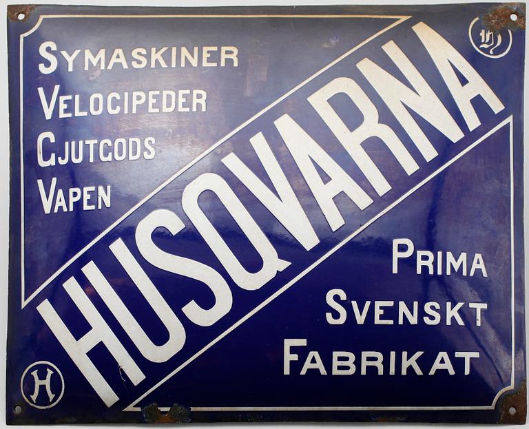 REKLAMSKYLT, emalj, Husqvarna, tidigt 1900-tal.