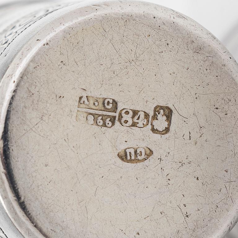 Five silver beakers, maker's mark of  P.J. Silventoinen, and a box, cup and letter opener, Russia, France and Finland.