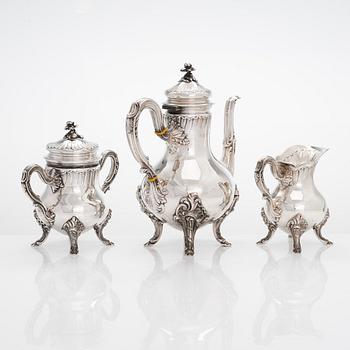 Kaffeservis, silver, 3 delar på bricka, Munoz, Madrid, Spanien 1900-talets mitt.