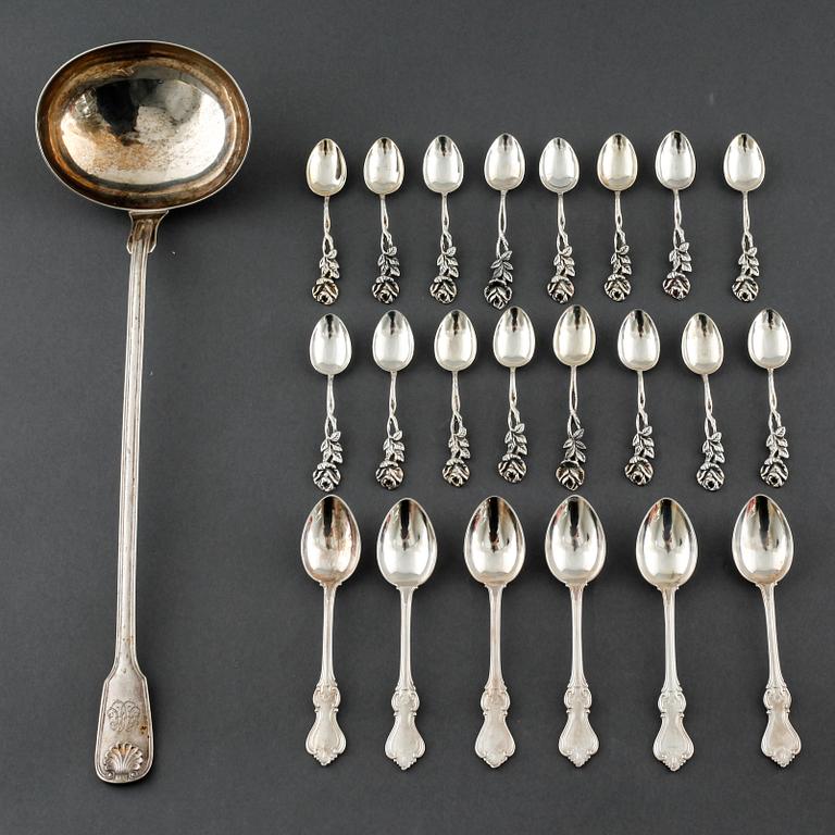 22 swedish silver spoons and one ladle, from the 19th and 20th century.