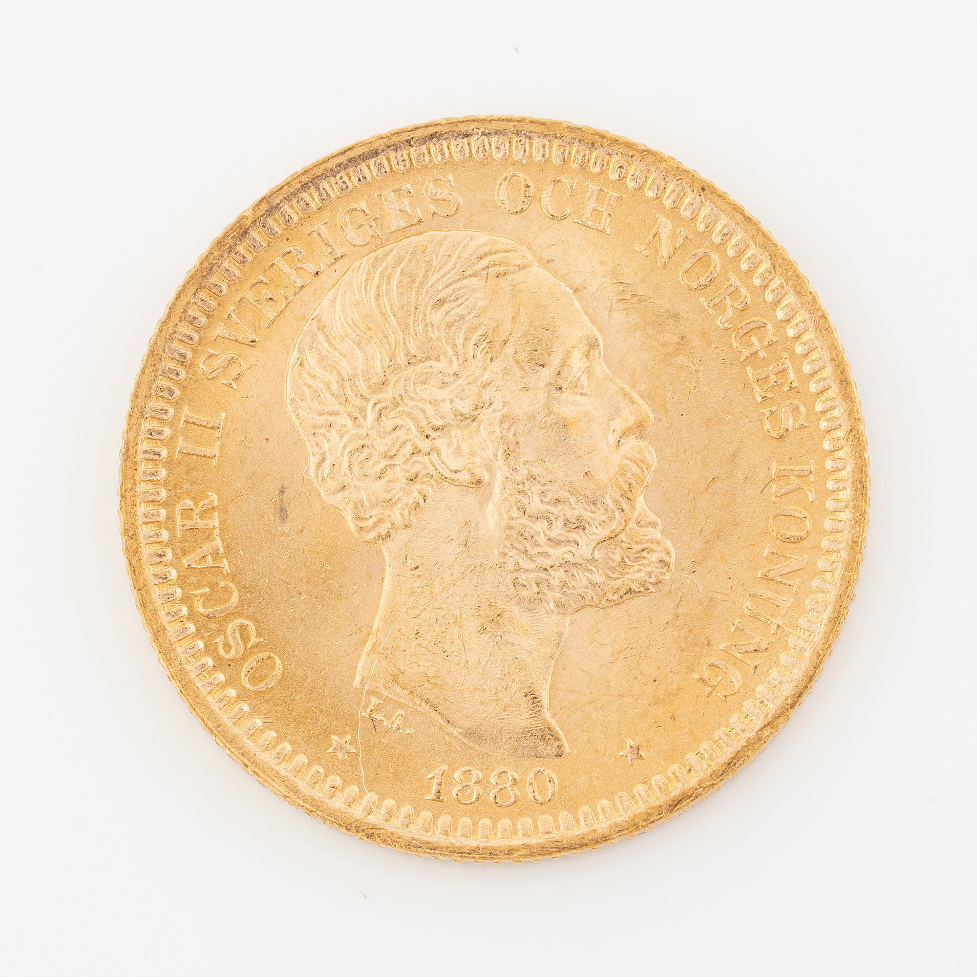 Guldmynt, Oscar II, 20 kronor, typ III, Sverige 1880.