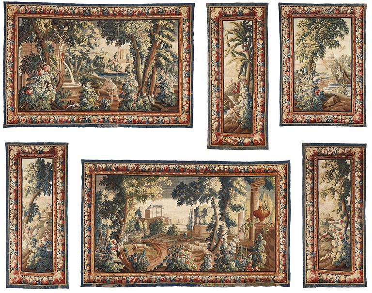 Tapestries, 6 pcs., "Verdures", tapestry weave,Aubusson first half of the 18th century.