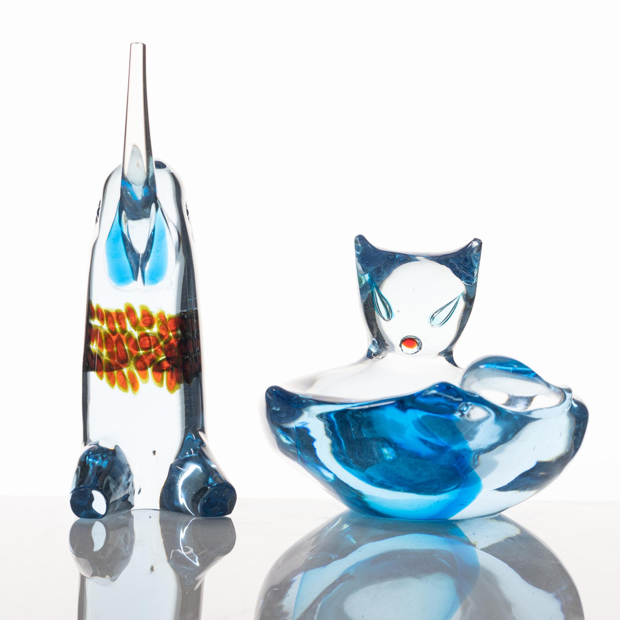 Skulptur, glas samt skål, glas, troligen Antonio da Ros, Murano, Italien.