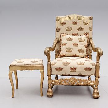 KARMSTOL, barockstil samt FOTPALL, rokokostil, 1900-talets första hälft.