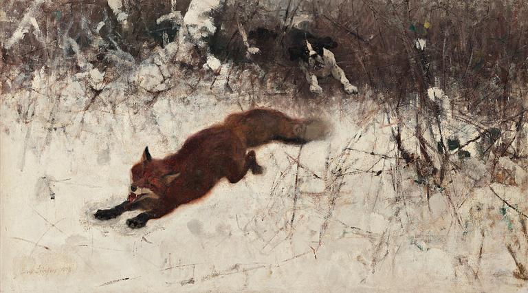 Bruno Liljefors, Winter hunt with fox and hounds.