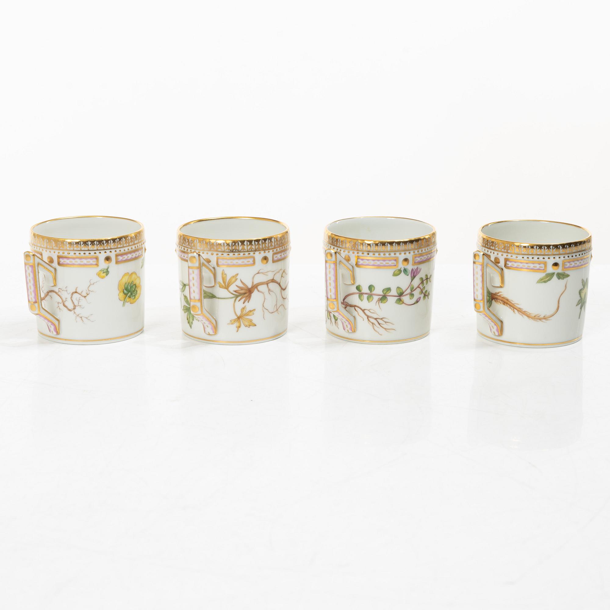 Royal Copenhagen, seven mocka cups with saucers, 'Flora Danica', Denmark.