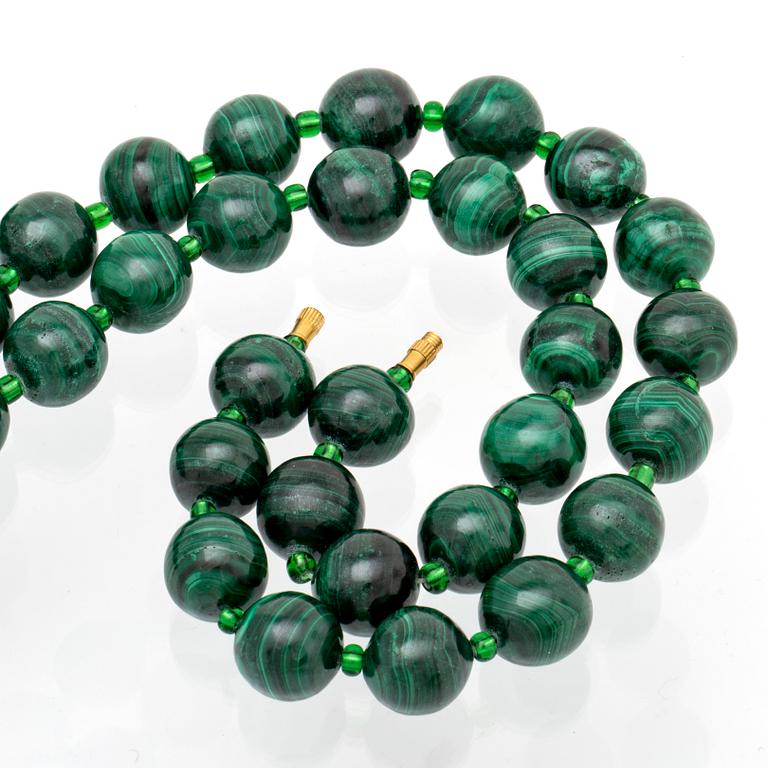 Malachite necklace, beads approx 15 mm and glass beads, approx 80 cm,  clasp metal.