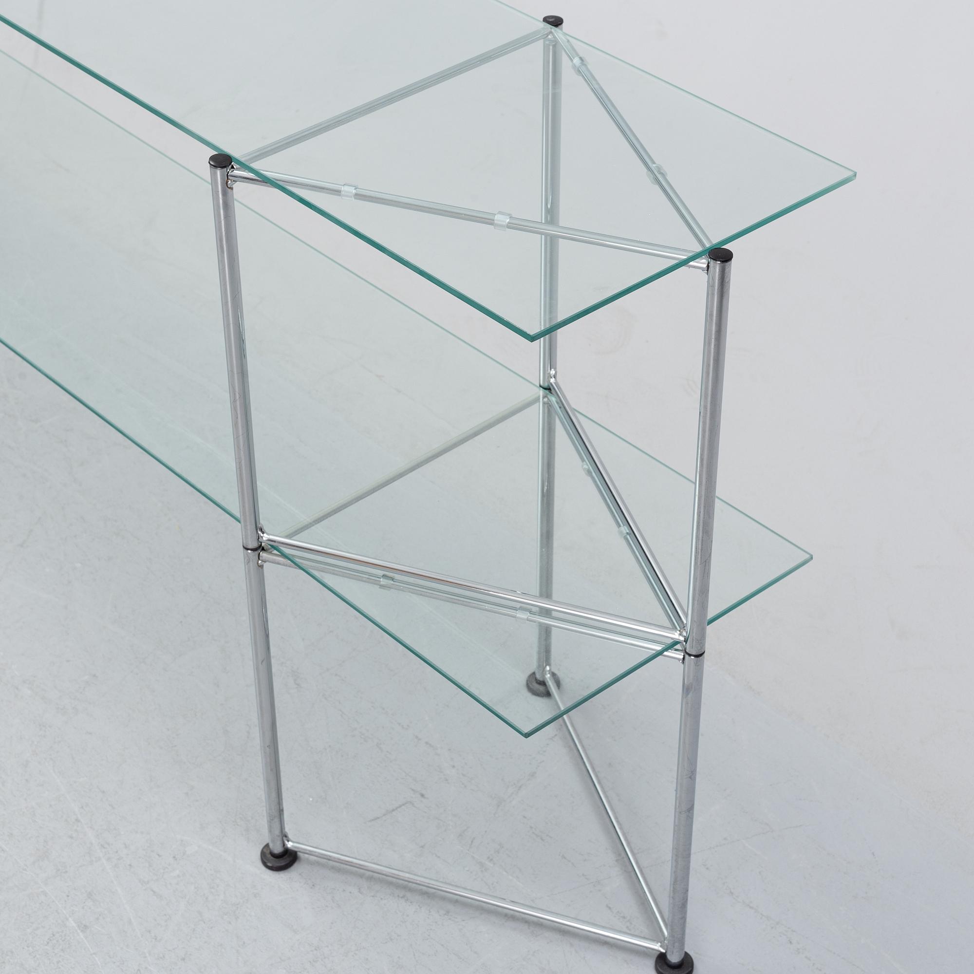 A late 20th century glass and metal shelf / sideboard.