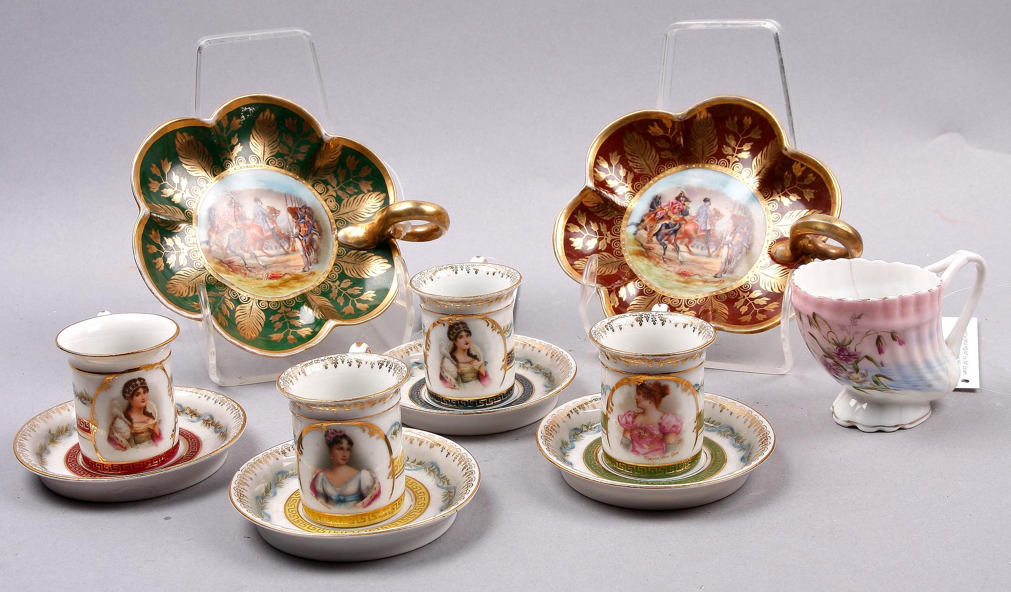 MOCCAKOPPAR MED FAT, 6 st, FAT, 2 st samt KOPP, porslin, bl a Kusnetzoff, Ryssland, 1900-tal.