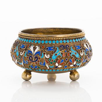 Parcel-gilt, cloisonné enamel salt cellar and spoon, Moscow 1882-89.