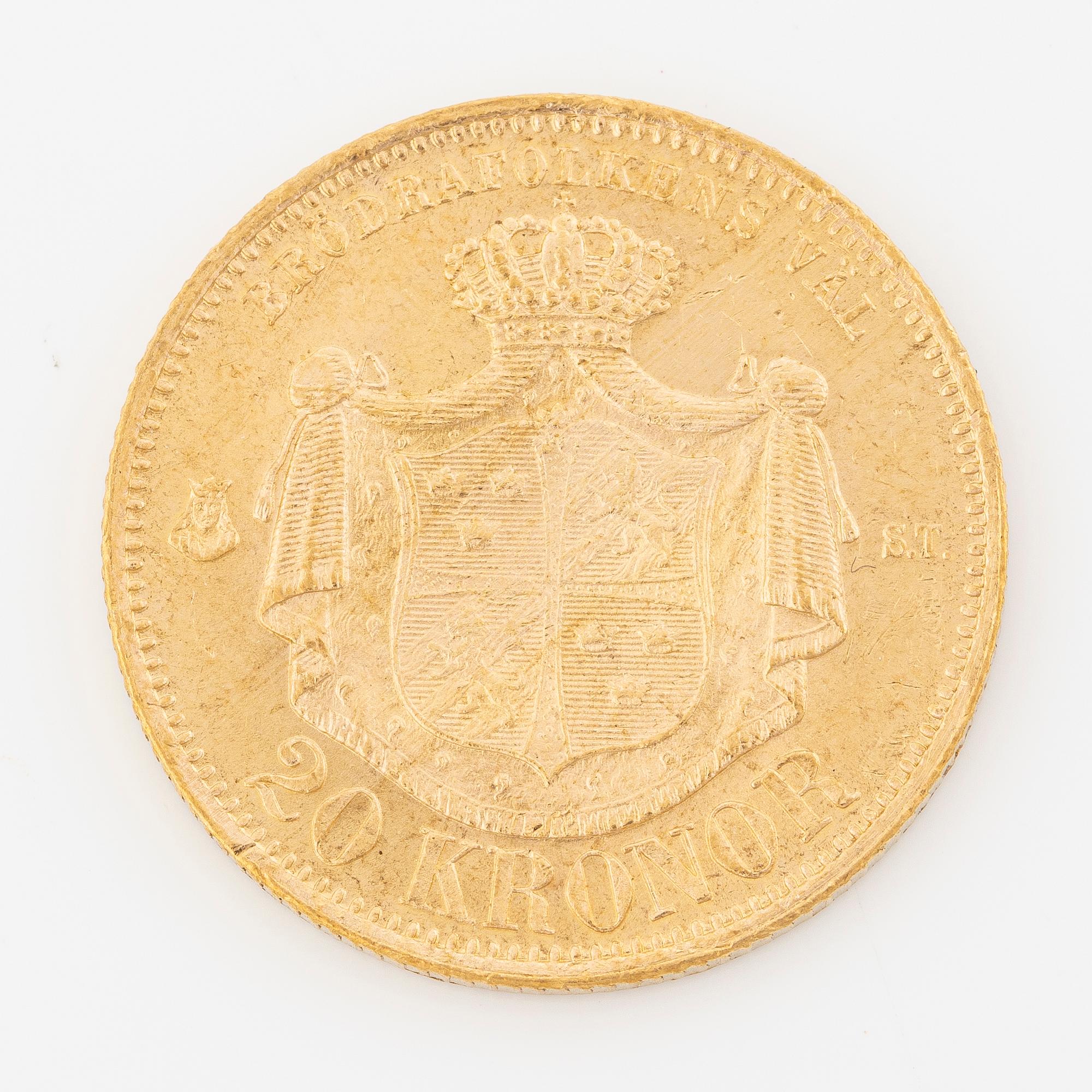 Guldmynt, Oscar II, 20 kronor, typ I, Sverige 1876.