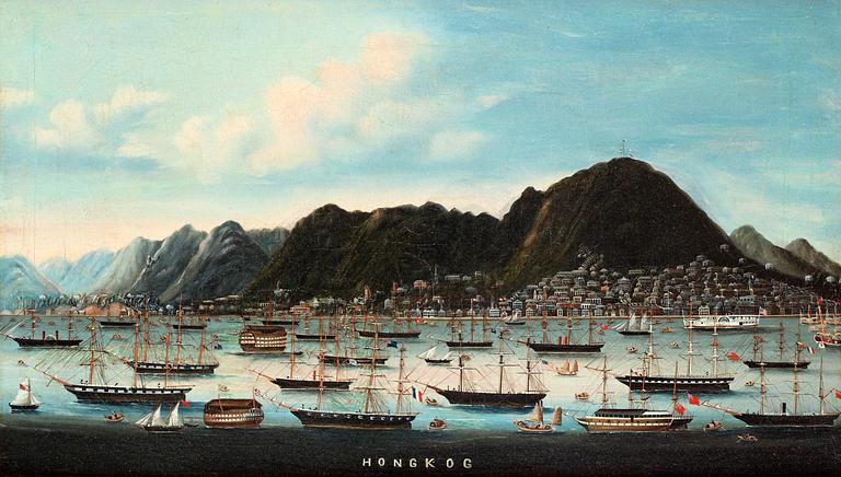 An oil painting by an anonymous artist with a view of Hong Kong seen from Kowloon, Qing dynasty, 18/19th Century.