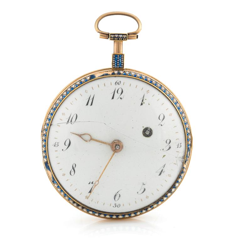 A Swiss or Hanau gold and enamel case pocket watch, first part of the 19th century.