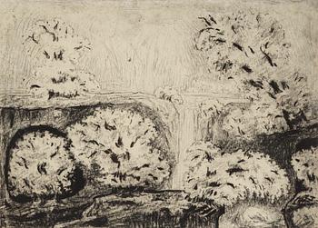 81. Carl Fredrik Hill, Landscape with waterfall and fruit trees in bloom.