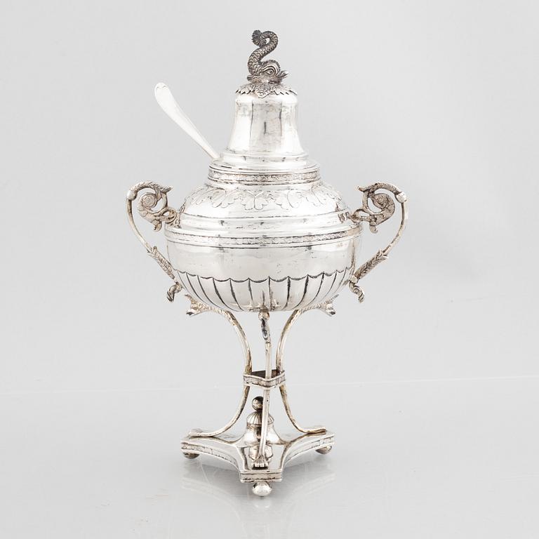 A Swedish Empire silver sugar bowl with sugar spoon, mark of Carl Lindström, Borås 1842.