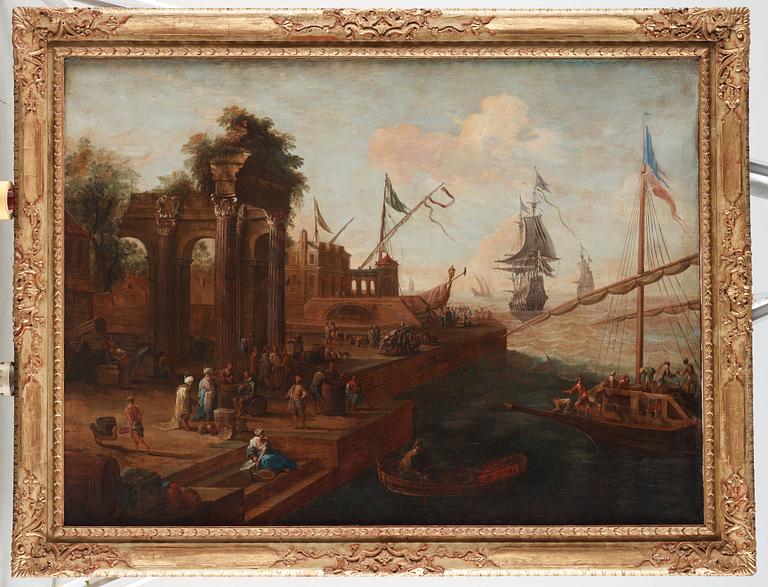 Abraham Storck Circle of, Harbor scene with figures and ships.