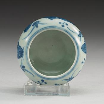 A blue and white brush washer, Qing dynasty, with Chenghua six character mark.