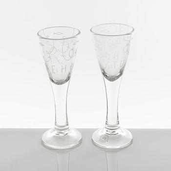 Jonas Bohlin, a pair of snapsglasses , numbered, Rejmyre, for Sturehof jubilee 1997.