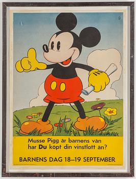 A lithographic Walt Disney Mickey Mous poster, Centraltryckeriet, Esselte, Stockholm, 1937.