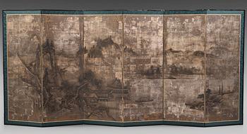 580. A Japanese six fold screen, Meiji period (1868-1912).
