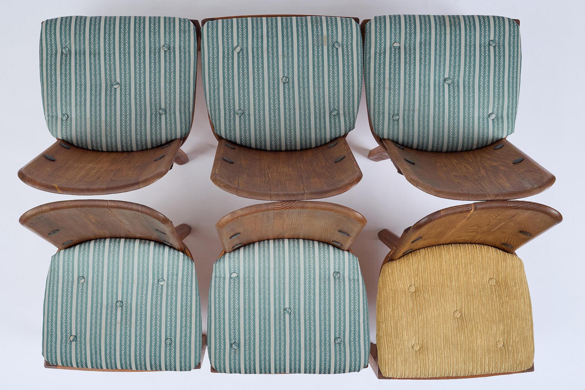 Axel Einar Hjorth, a set of six stained pine "Lovö" chairs, Nordiska Kompaniet, Sweden, 1930s.