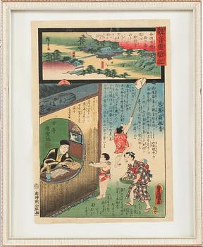 UTAGAWA KUNISADA KOCHORO TOYOKUNI III och HIROSHIGE II, träsnitt, Japan, 1800-tal.