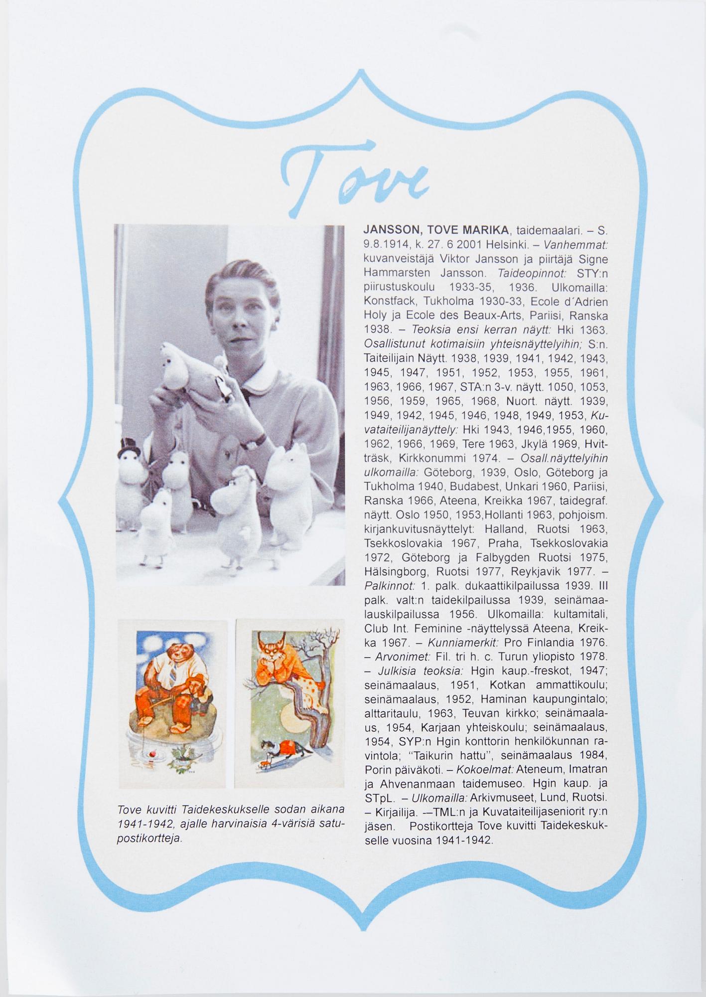 VYKORT, 10 st, efter Tove Jansson, signerade i trycket, Taidekorttikeskus 1941.