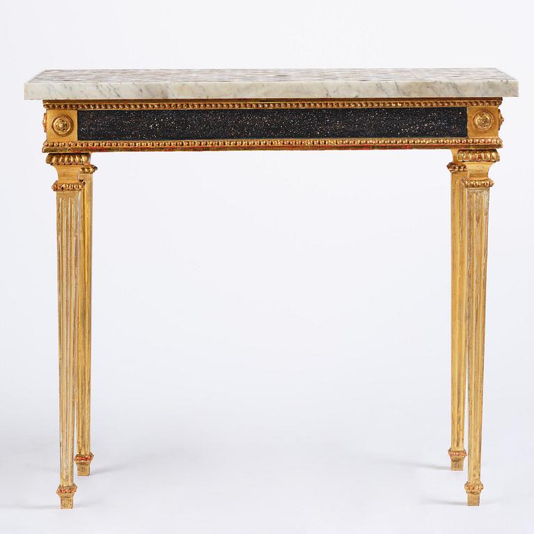 A late Gustavian giltwood console table with an Italian specimen-marble top , Stockholm, late 18th century.
