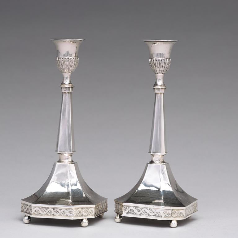 A pair of Swedish 18th century silver candlesticks, mark of Johan F Wildt, Stockholm 1797.