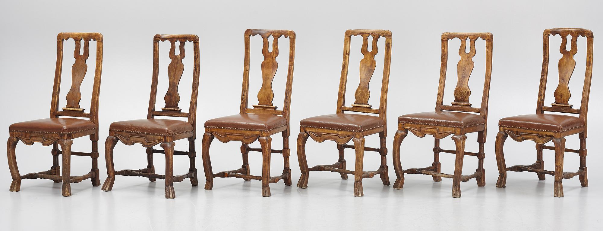 A set of six late baroque chairs, first part of the 18th century,