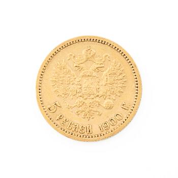 Gold coin, Nicholas II, Russia, 5 Rubles, 1900.