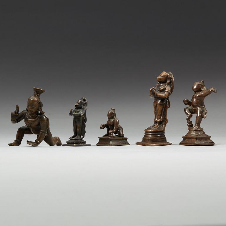 A group of five Indian copper alloy figures of hannuman and krisna, 18th Century and older.