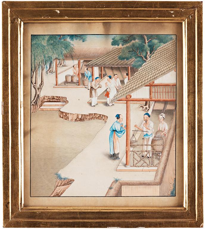AKVARELLER, nio stycken. Okänd konstnär, Qingdynastin, 1800-tal.