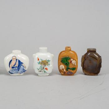 A group of seven stone, ceramic and porcelain snuff bottles, Qing dynasty and China, 19th-20th century.