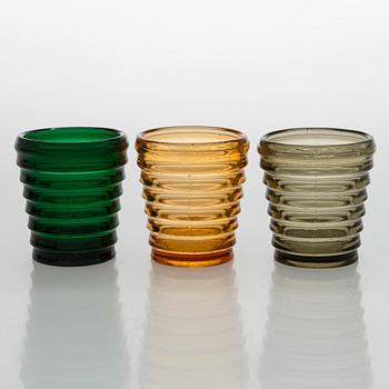 Aino Aalto, set of three  1930s 'Bölgeblick' 4052 drinking glasses for Karhula Glassworks, Finland.