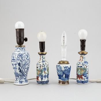 Four different vases, turned into table lamps, Qing dynasty, late 19th/early 20th century.