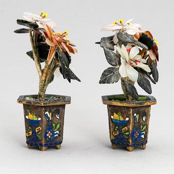 A pair of Chinese cloisonné flower pots with stone flowers, 20th Century.