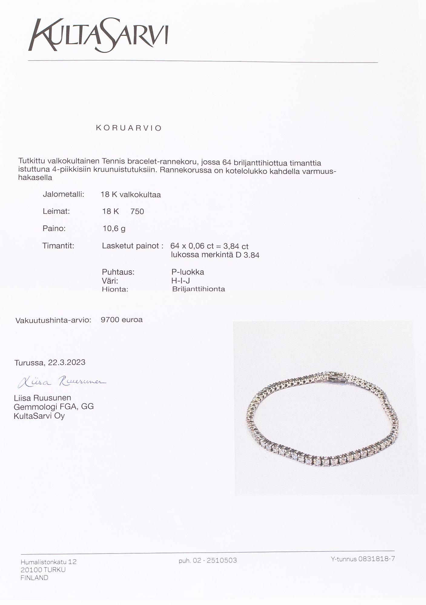 Tennisrannekoru, 18K valkokultaa, briljanttihiontaisia timantteja yhteensä noin 3.84 ct kaiverruksen mukaan.