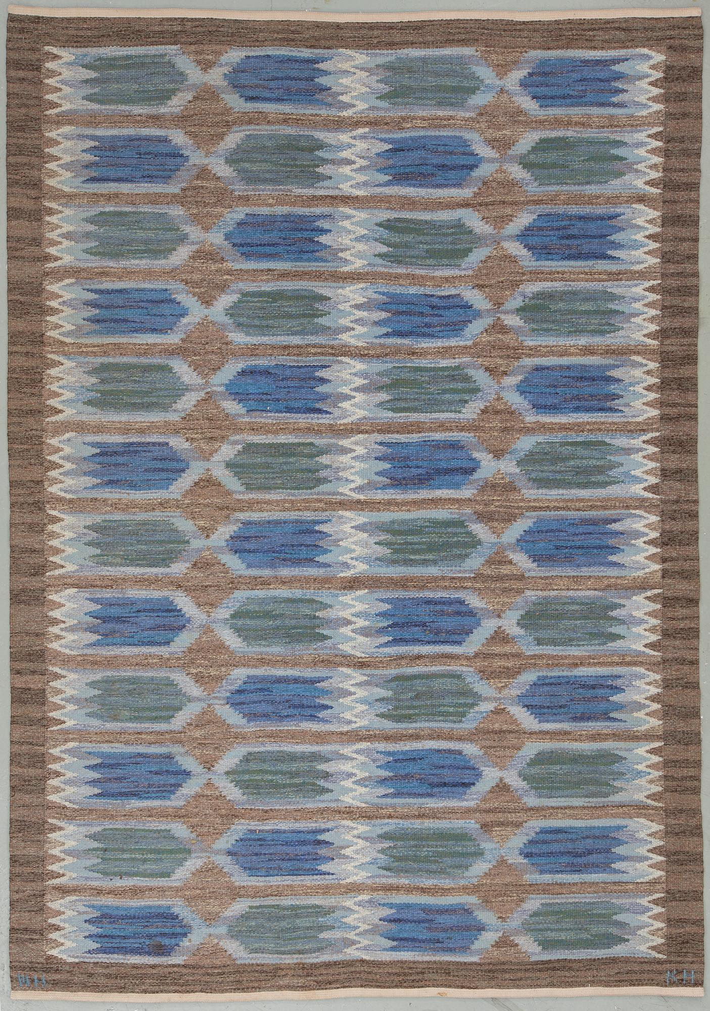 A CARPET, flat weave, "Tulpan", 244,5x172 cm, signed NH KH (Nea Hållfast, Klockargårdens Hemslöjd), Sweden, the 1970's.