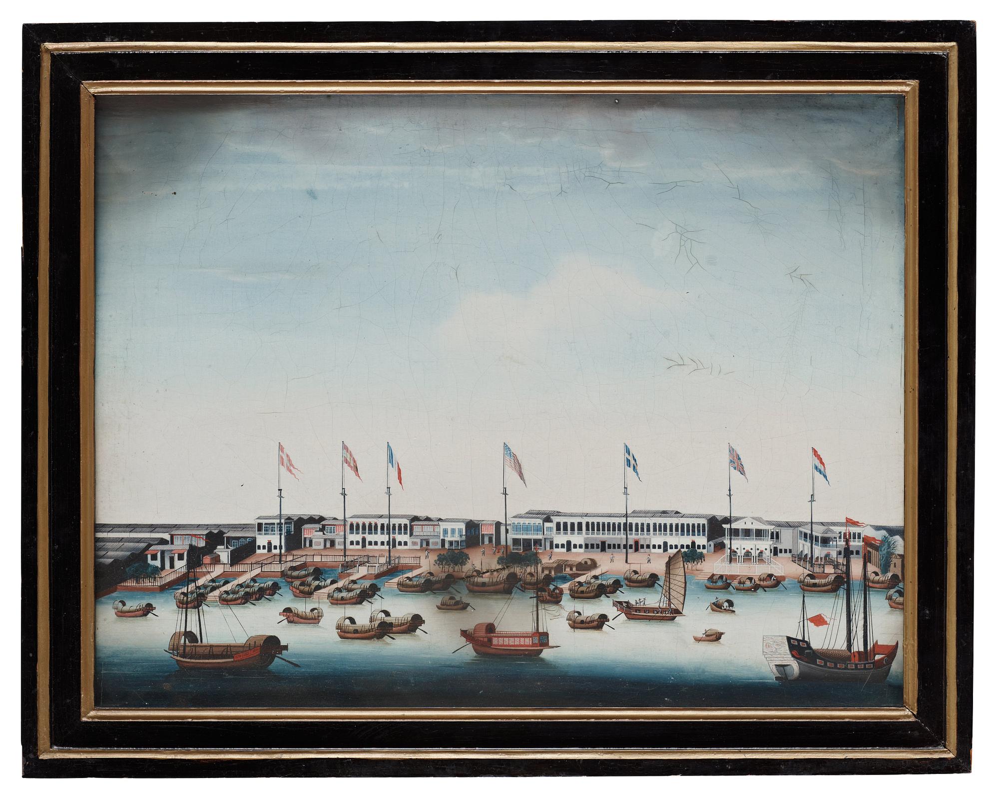 OLJEMÅLNING, motiv från de Ostinidska faktorierna i Kanton, okänd konstnär, Kina, 1700-tal.