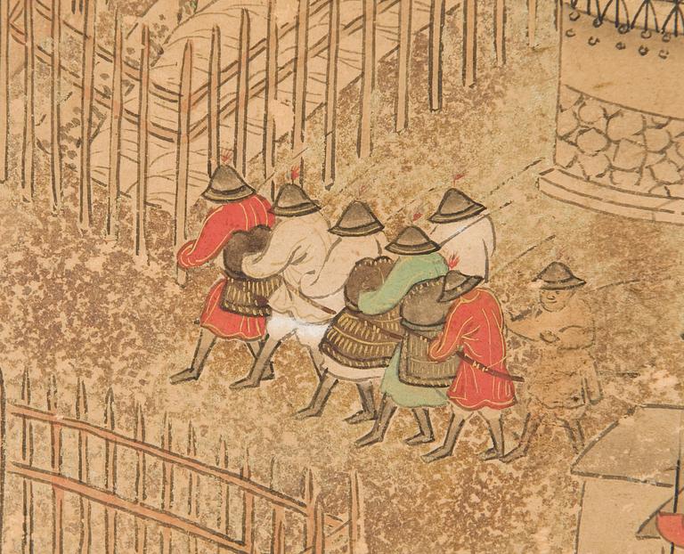 VIKSKÄRM, sex delar, tusch och akvarell på papper. Okänd Japansk konstnär, troligen 1600-tal.