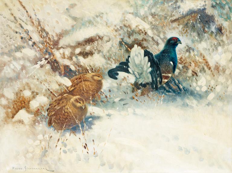 Mosse Stoopendaal, Winter landscape with blackcock and hens.