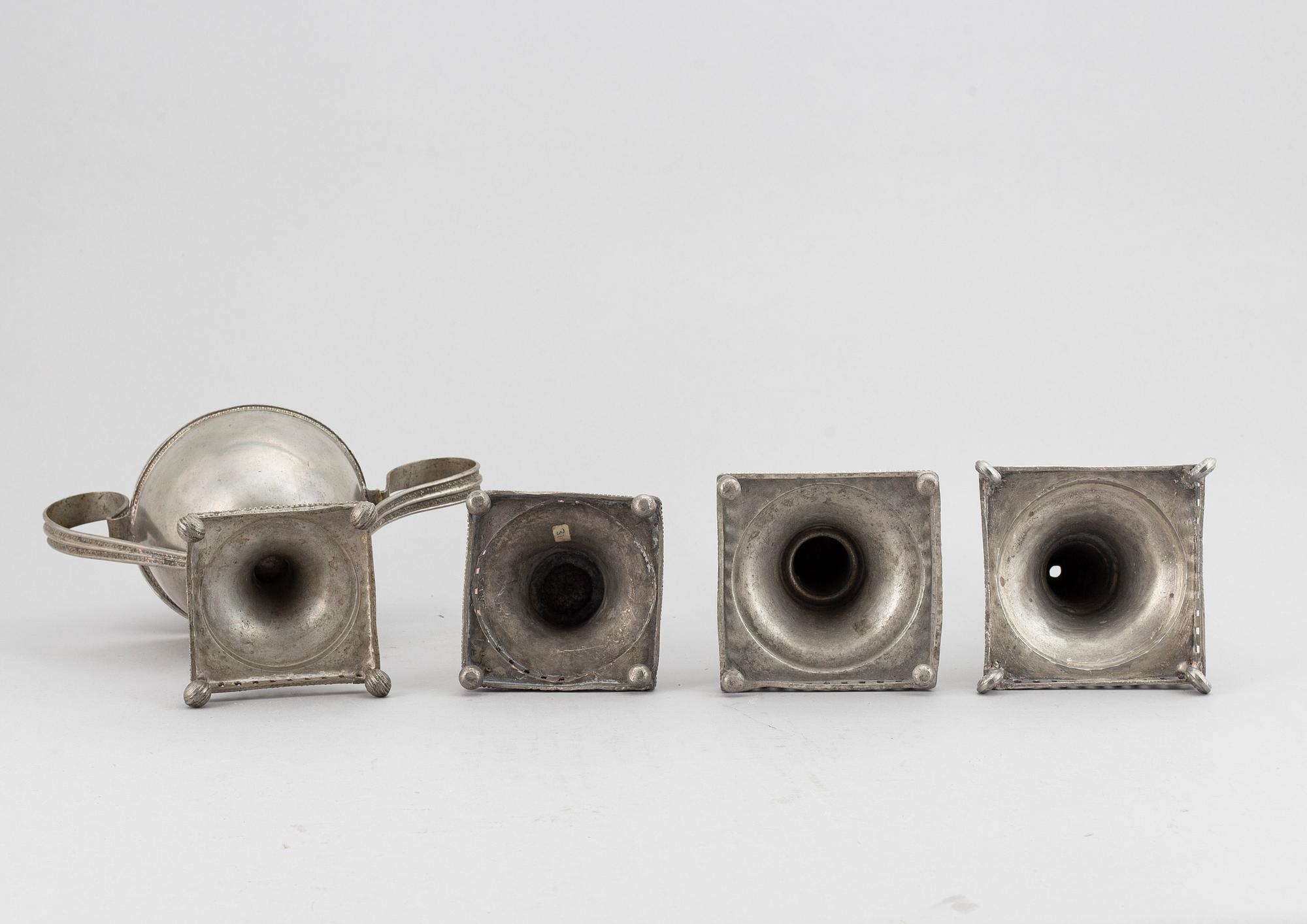 3 candlesticks and a sugar bowl, pewter, Sweden 18/19th Century.