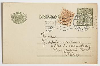 LETTERS (2) and POSTCARD to GAN (Gösta Adrian-Nilsson) from, among others, Vilhelm Bjerke-Petersen and Edvin Ganborg.